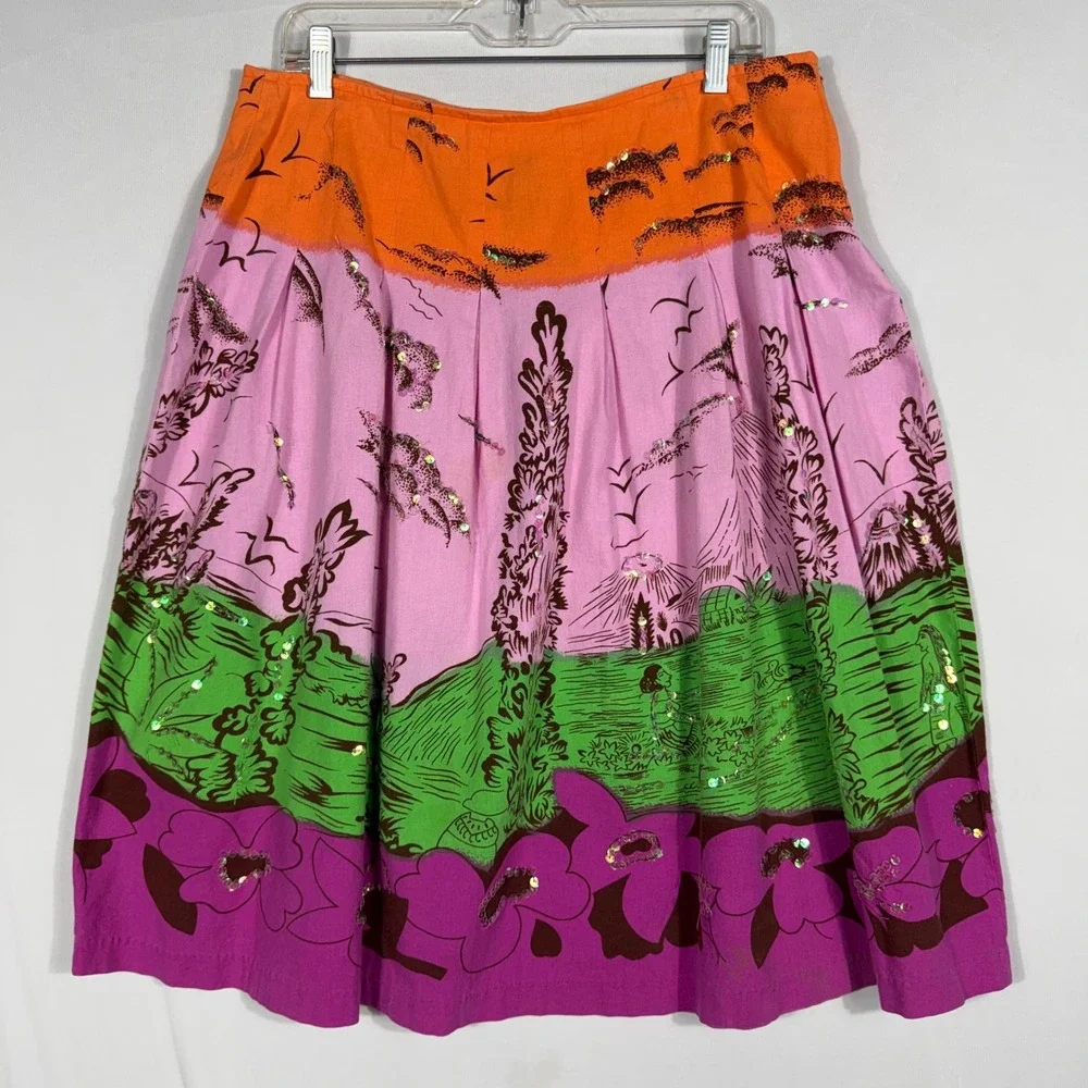 Vtg Y2K Bisou Bisou Michele Bohbot Sequin Landscape Print Skirt Pink 12 Tropical